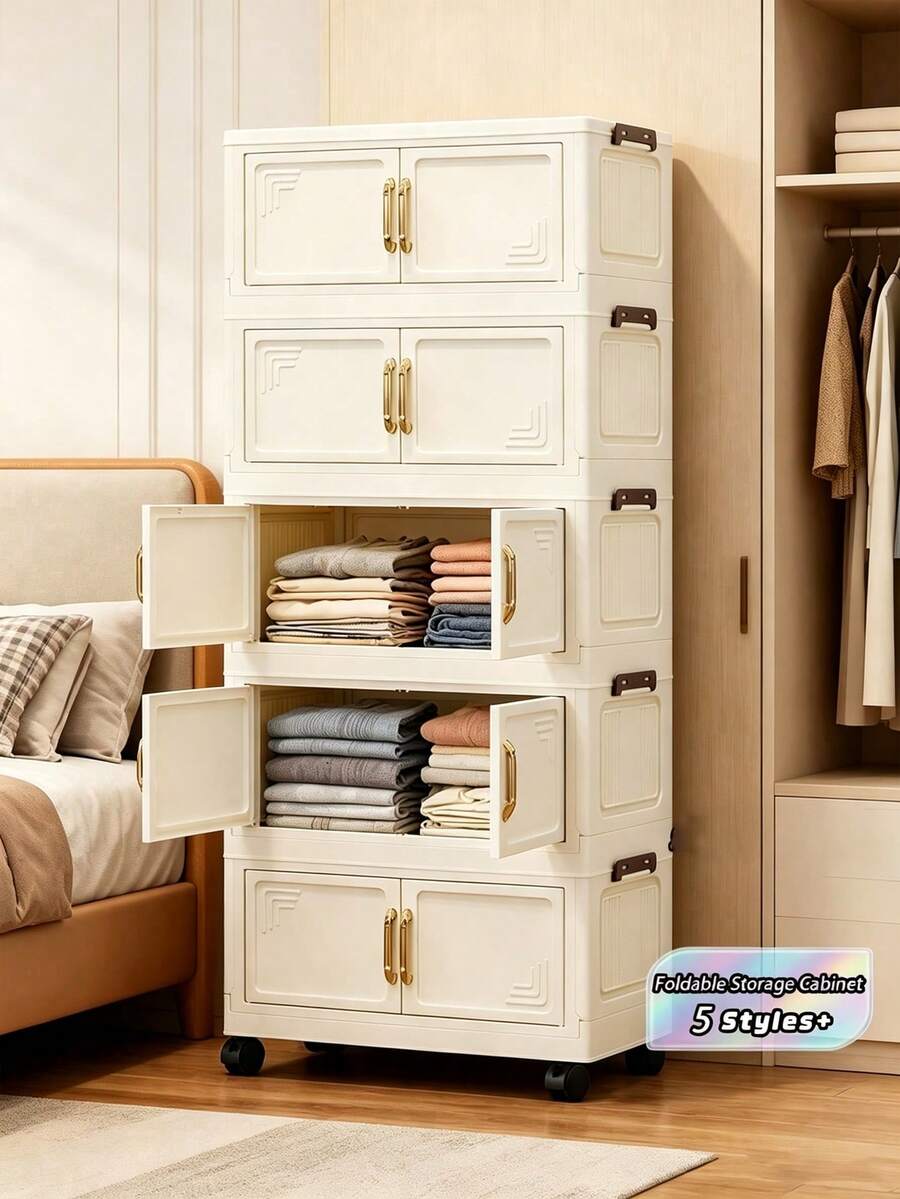 One Foldable Storage Cabinet, 50 Cm (19.69 Inches) Wide, Designed As A Portable Wardrobe For Home Use, Available In 1 To 5 Size Options. Features A Sturdy Double-Door Design With Wheels, Ideal For Organizing Clothes And Toys. - Cream Door - View 1