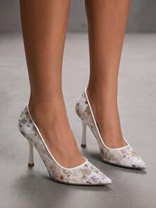CUCCOO SZL Elegant Women's Floral Lace Mesh Pointed Toe Stiletto Heel Pumps - White screen printing blue and white - View 6