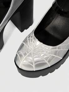 Sugerpunk Women's Fashion Sexy Platform High-Heeled Shoes, Punk Style Gothic Dark With Round Toe Design With Embroidered Thread Spider Web Fashion - Silver - View 6