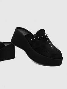 ROMWE Grunge Punk Retro Rivet Heel Mules Shoes Women's, Platform Sole Slip-On Punk Style Versatile Outdoor Slippers, Summer Wear Fall Shoes - Black - View 5