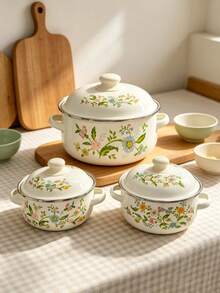 Bộ nồi nấu tráng men họa tiết hoa - Nồi súp tráng men hai tay cầm với nắp gốm, dung tích lớn dùng cho gia đình, phù hợp cho mọi mùa, đa năng (có thể cầm tay để nấu, nấu súp và nấu chậm) - Xem 4