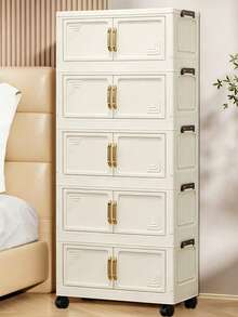 One Foldable Storage Cabinet, 50 Cm (19.69 Inches) Wide, Designed As A Portable Wardrobe For Home Use, Available In 1 To 5 Size Options. Features A Sturdy Double-Door Design With Wheels, Ideal For Organizing Clothes And Toys. - Cream Door - View 7