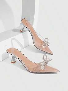 CUCCOO SZL Sepatu hak rendah transparan berbahan PVC dengan ujung runcing, hiasan mutiara dan detail bintik-bintik, model slingback untuk wanita. - Titik putih / hitam - View 3