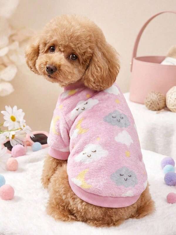 PETSIN 1 Pc Cloud Moon Star Printed Flannel Pet Pink Autumn/Winter Thick Warm Pet Clothing