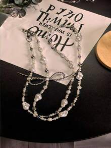 Silver Pearl Bow Diamond Ball Phone Lanyard, Detachable Crossbody Neck Strap For Phone, Camera Chain Bag Charm Pendant, Versatile Bling Jewelry Accessory For Daily & Party Outfit - Multicolor - View 5