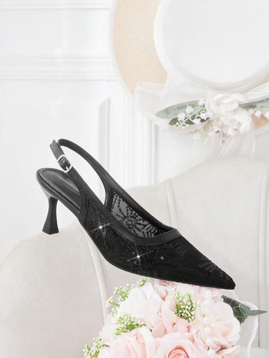 CUCCOO HITCHD Ladies Spring And Summer New Black Fairy Mesh Sequined Pointed High Heels Shoes Slingback Buckle Design Gentle Style Dating High Heels Fall Shoes - Black - View 1