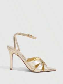 CUCCOO SZL Women Shoes Gold Metal PU Hollow Cross Design Fashion Sexy Pointed High Heel Sandals - Light gold metal PU - View 3