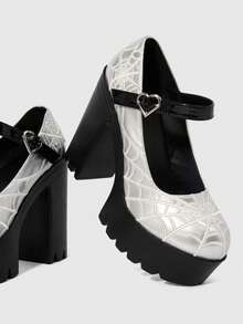 Sugerpunk Women's Fashion Sexy Platform High-Heeled Shoes, Punk Style Gothic Dark With Round Toe Design With Embroidered Thread Spider Web Fashion - Silver - View 5