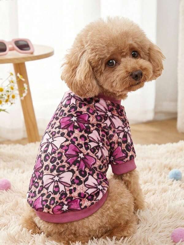 PETSIN 1 Pc Pink Bow Leopard Print Flannel Sweatshirt For Valentine's Day, Autumn And Winter, Thick And Warm Pet Clothing
