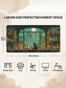 Black Cat Moon Garden Plant Desk Mat 30x80cm, Non-Slip Rubber Mouse Pad With Smooth Durable Surface, Quiet Art Design For Office Gaming Remote Work, Cat Plant Lover Gift Home Office Decor - summer - View 2