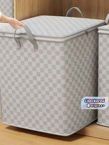 Grey Checkered Pattern Moving Storage Bag Extra Large Capacity Quilt Blanket Clothes Organizer Foldable Moisture Proof Durable Portable Handles Underbed Closet Solution - White - View 1