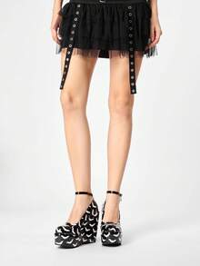 ROMWE Women's Casual And Stylish Round-Toe Closed-Toe Wedge Platform Shoes With A Punk-Style Gothic Solid Color Fabric Outsole Featuring A Bat Pattern. Fall Shoes - Bright black - View 8