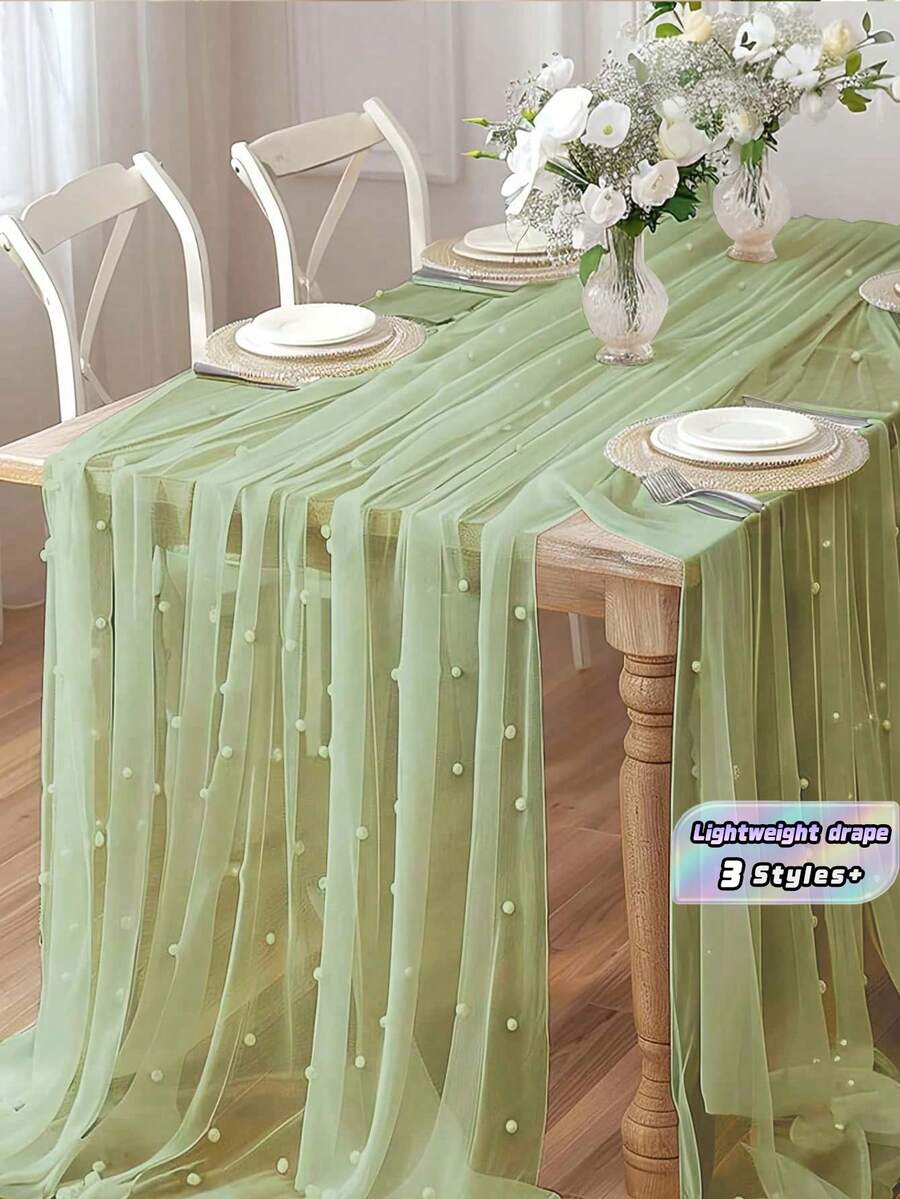 Pearled Sheer Fabric Wedding Decor Backdrop Transparent Pearl Beaded Table Runner Arch Decorations Photography Background Bridal Shower Reception Party Decor - Green - View 1
