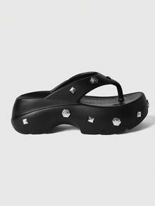 ROMWE Grunge Punk Women's Shoes Black Rock Punk Sandals, Summer Open-Toed Rivets Gothic Beach Roman Flip-Flops - Black + screw rivets - View 9