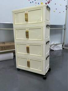 One Foldable Storage Cabinet, 50 Cm (19.69 Inches) Wide, Designed As A Portable Wardrobe For Home Use, Available In 1 To 5 Size Options. Features A Sturdy Double-Door Design With Wheels, Ideal For Organizing Clothes And Toys. - Cream Door - View 12