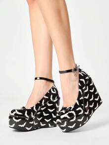 ROMWE Women's Casual And Stylish Round-Toe Closed-Toe Wedge Platform Shoes With A Punk-Style Gothic Solid Color Fabric Outsole Featuring A Bat Pattern. Fall Shoes - Bright black - View 4