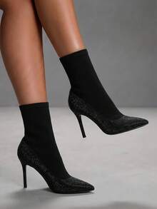 CUCCOO SZL Womens Black Rhinestone Stiletto Heel Ankle Boots Pointed Toe Elastic Booties Fashion Dress Shoes - Black - View 10
