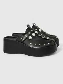 Sugerpunk Women's Fashion Platform Sandals, Dark Punk Style Heavy Industry Rivet Gas Eye Design Thick-Soled Wedge Sandals, Adjustable Elastic Design Subculture - Black - View 2