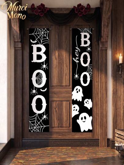 Muroi Mono 2Pcs Pink/Black/Yellow/Orange Halloween Hanging Banners 35*180cm, Polyester Door Banner With Pumpkin Bat Ghost Spider Web Tombstone Black Cat Patterns, Outdoor Hanging Decor For Front Door Party Entrance