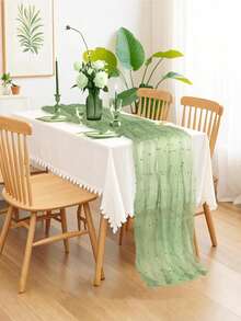 Pearled Sheer Fabric Wedding Decor Backdrop Transparent Pearl Beaded Table Runner Arch Decorations Photography Background Bridal Shower Reception Party Decor - Green - View 3