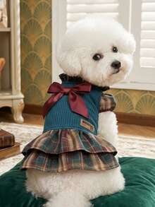 PETSIN Retro Grid Pet Dress Ruffle Petal Sleeve Knit Top With Big Burgundy Bow Cute Small Dog Cat Princess Costume - Blue - View 4