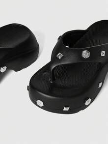ROMWE Grunge Punk Women's Shoes Black Rock Punk Sandals, Summer Open-Toed Rivets Gothic Beach Roman Flip-Flops - Black + screw rivets - View 6