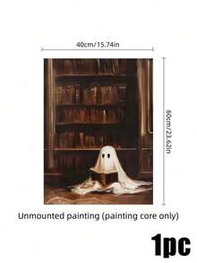Muroi Mono 1pc Dark Academia Canvas Wall Art, Retro Painting Of Cute White Ghost Reading Book In Old Library, Gothic Spooky Art Print Poster, Home Aesthetic Wall Hanging Decor For Living Room Bedroom Halloween Decor - multicolor - View 12