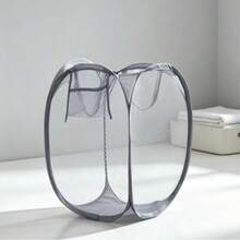Large Capacity Foldable Mesh Laundry Basket, Solid Color Polyester Mesh Large Hampe - Grey - View 4