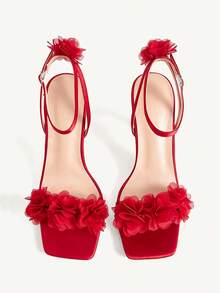 CUCCOO CHICEST Summer Burgundy Sardine Flower Square Toe Thick Heel Elegant Fairy Style Roman Ladies High Heel Sandals - Burgundy - View 11