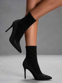 CUCCOO SZL Womens Black Rhinestone Stiletto Heel Ankle Boots Pointed Toe Elastic Booties Fashion Dress Shoes - Black - View 8
