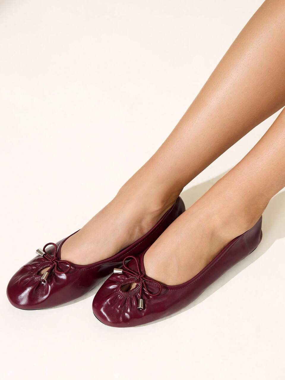 CUCCOO CHICEST Soft Sole Not Tired Feet Wrinkled Bow Round Toe Flat Bottom Burgundy Low Vamp Shoes Dating Shopping Shoes Commuter Women's Shoes