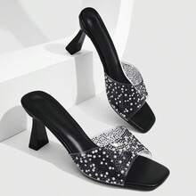 CUCCOO SZL Sandálias Femininas de Salto com Tira Transparente e Enfeites, Sapatos Chiques de Bico Aberto - Preto - Visão 4