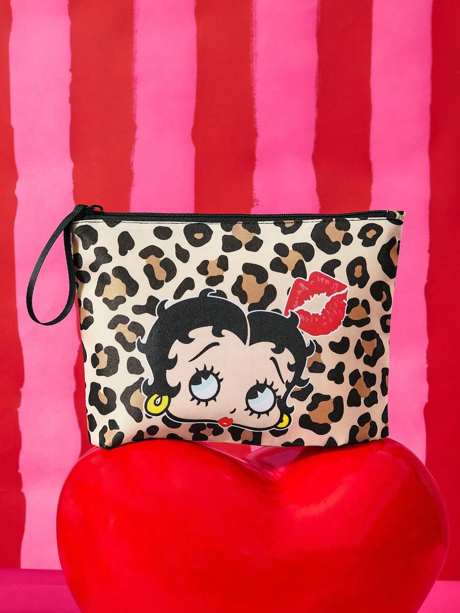 Betty Boop x SHEIN Retro Leopard Print Cartoon Zipper Pouch, Lightweight, Works As Makeup Bag, Digital Accessory & Small Stuff Storage Pouch - leopard print - View 1