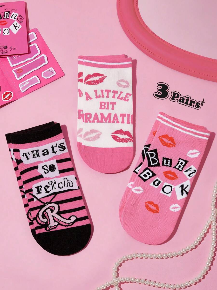 Mean Girls | SHEIN 3雙柔軟透氣吸濕女款休閒甜美襪子,時尚可愛粉色,加強腳趾與腳跟,耐穿 - 彩色 - 查看 1