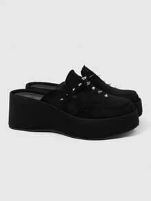 ROMWE Grunge Punk Retro Rivet Heel Mules Shoes Women's, Platform Sole Slip-On Punk Style Versatile Outdoor Slippers, Summer Wear Fall Shoes - Black - View 2