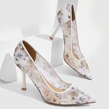CUCCOO SZL Elegant Women's Floral Lace Mesh Pointed Toe Stiletto Heel Pumps - White screen printing blue and white - View 4