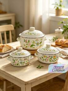 Bộ nồi nấu tráng men họa tiết hoa - Nồi súp tráng men hai tay cầm với nắp gốm, dung tích lớn dùng cho gia đình, phù hợp cho mọi mùa, đa năng (có thể cầm tay để nấu, nấu súp và nấu chậm) - Xem 1