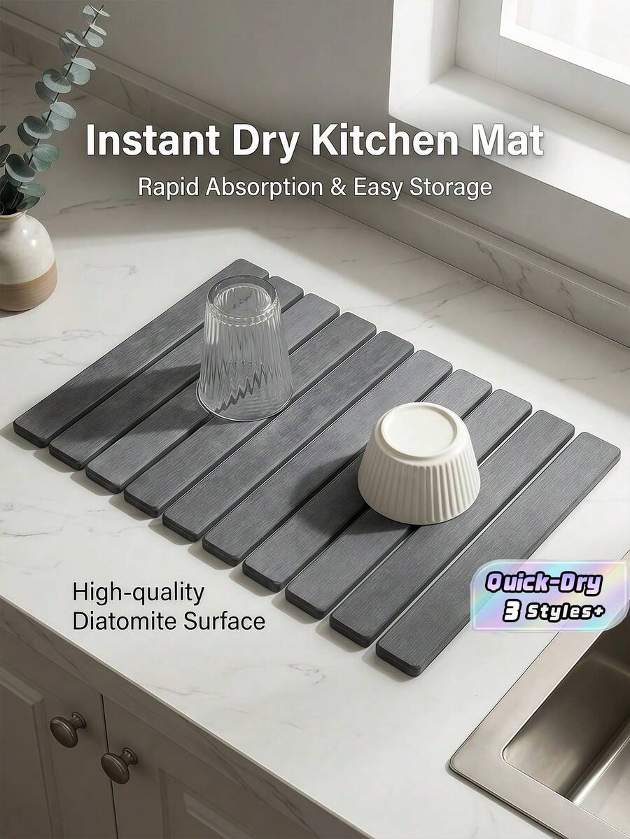 1 Set, 40x30cm (15.7x11.8in) Standard Size Diatomite Drying Mat, Quick-Absorbent Kitchen Counter Pad, Non-Slip Rollable Dish Drying Rack, Heat-Resistant Sink Side Mat, Ideal For Home, Apartment, And Daily Kitchen Use. - Multicolor - View 1