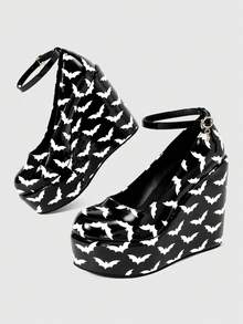 ROMWE Women's Casual And Stylish Round-Toe Closed-Toe Wedge Platform Shoes With A Punk-Style Gothic Solid Color Fabric Outsole Featuring A Bat Pattern. Fall Shoes - Bright black - View 7