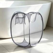 Large Capacity Foldable Mesh Laundry Basket, Solid Color Polyester Mesh Large Hampe - Grey - View 3