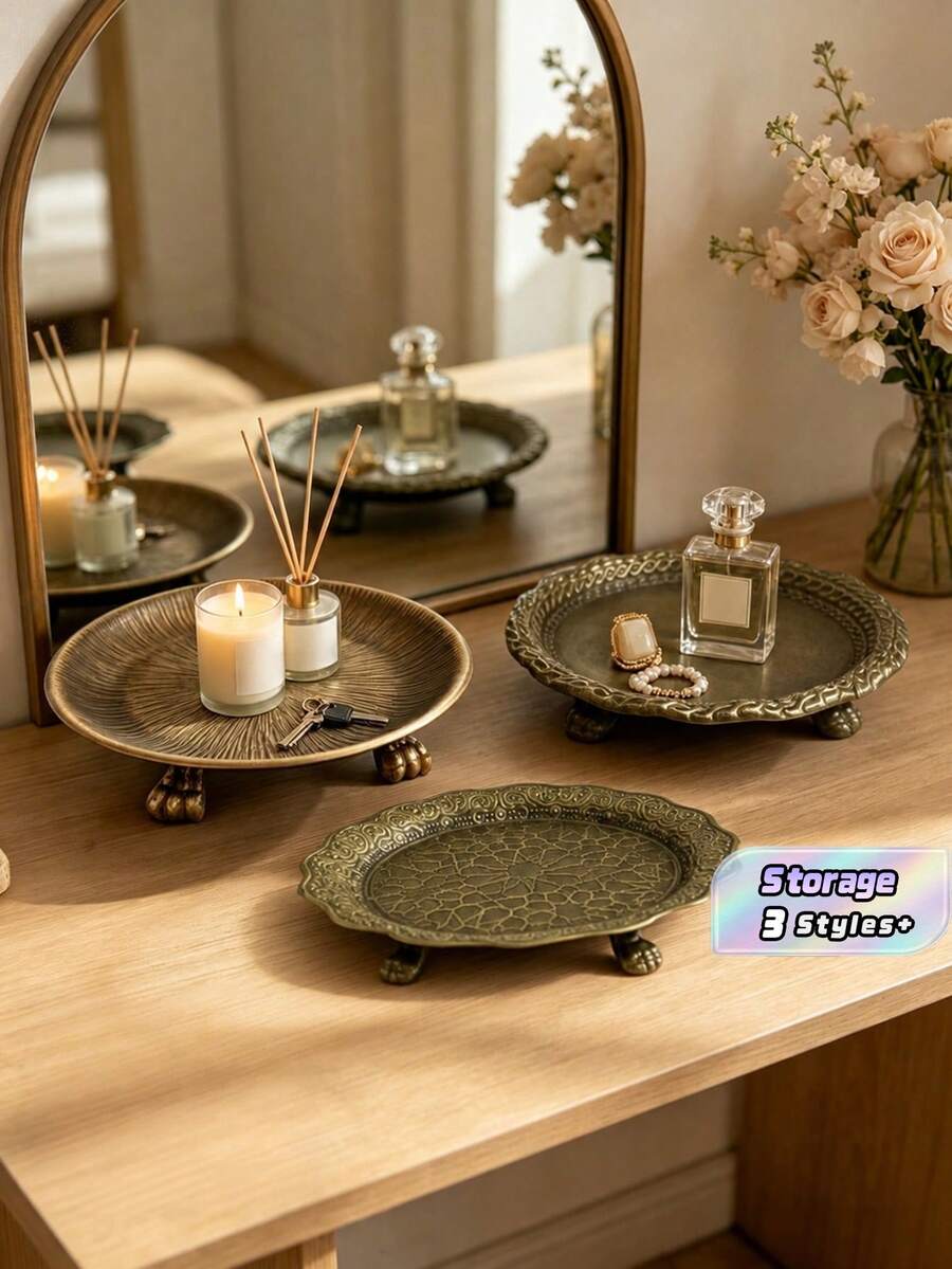 1/2pcsVintage Decorative Metal Tray With Raised Legs, Antique Gold Embossed Round Serving Tray, Ornate Display Tray For Candles, Perfume, Jewelry, Coffee Table Home Decor - multicolor - View 1