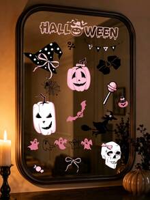 1/2/4/6pcs Halloween Pink Black Theme Window Clings, Removable Reusable Static Stickers, Cartoon Ghost, Pumpkin, Skull, Black Cat Pattern Decals For Window Door Mirror, Indoor Halloween Party Home Decor - B - View 2