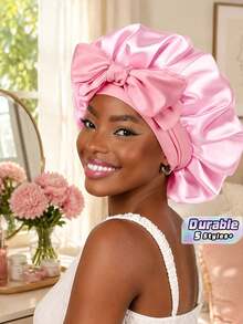 Luxury Satin Embroidered Bow Sleep Cap For Women - Adjustable Silk Nighttime Hair Accessory, Headband-Style Home Sleep Aid Hat Hair Bonnet Hair Drying Towel Wrap - Multicolor - View 1