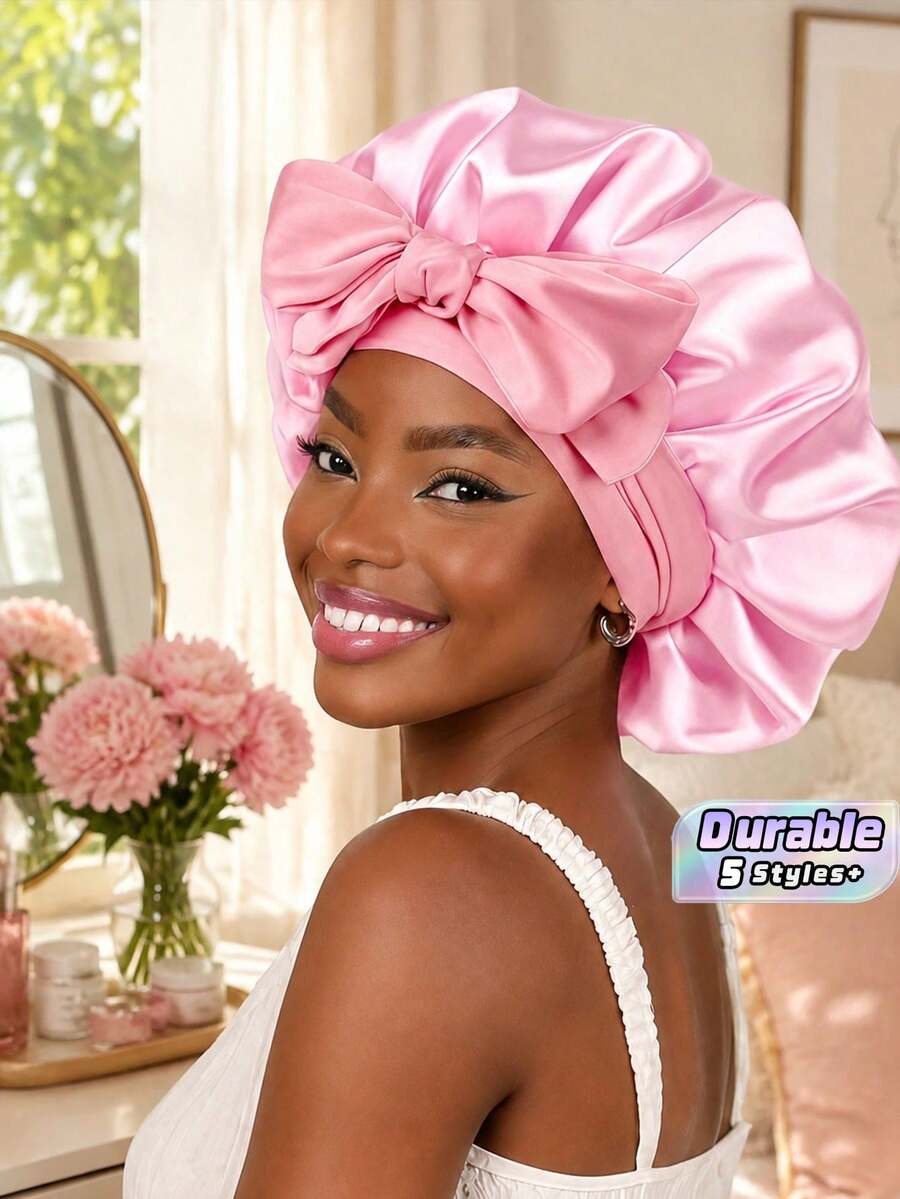 Luxury Satin Embroidered Bow Sleep Cap For Women - Adjustable Silk Nighttime Hair Accessory, Headband-Style Home Sleep Aid Hat Hair Bonnet Hair Drying Towel Wrap - Multicolor - View 1