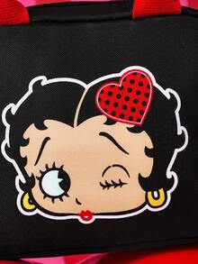 Betty Boop x SHEIN 復古卡通印花保溫午餐包，大容量附手把，可保溫/保冷，適合上班、上學、野餐使用 - 紅黑色 - 查看 4