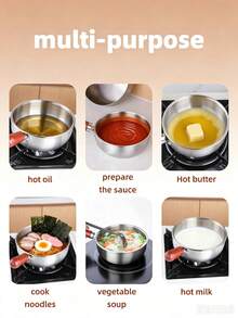 1pc Stainless Steel Cooking Pot, Household Noodle Pot, Kitchen Tool, Chocolate Melting Pot, Butter Pot, Mini Soup Pot - Silver - View 10