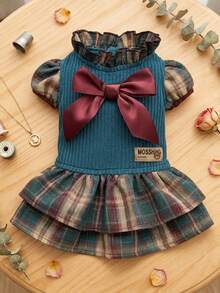 PETSIN Retro Grid Pet Dress Ruffle Petal Sleeve Knit Top With Big Burgundy Bow Cute Small Dog Cat Princess Costume - Blue - View 1