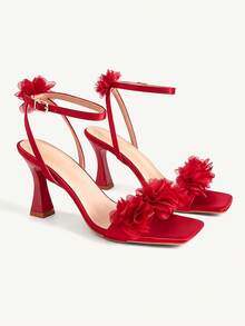 CUCCOO CHICEST Summer Burgundy Sardine Flower Square Toe Thick Heel Elegant Fairy Style Roman Ladies High Heel Sandals - Burgundy - View 2