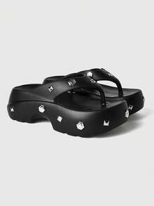 ROMWE Grunge Punk Women's Shoes Black Rock Punk Sandals, Summer Open-Toed Rivets Gothic Beach Roman Flip-Flops - Black + screw rivets - View 3