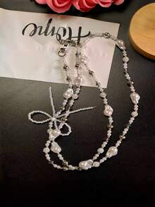 Silver Pearl Bow Diamond Ball Phone Lanyard, Detachable Crossbody Neck Strap For Phone, Camera Chain Bag Charm Pendant, Versatile Bling Jewelry Accessory For Daily & Party Outfit - Multicolor - View 4